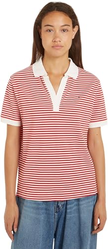 Tommy Hilfiger Damen Poloshirt Kurzarm Regular Fit, Rot (Mini Stp Fierce Red/ White), L von Tommy Hilfiger