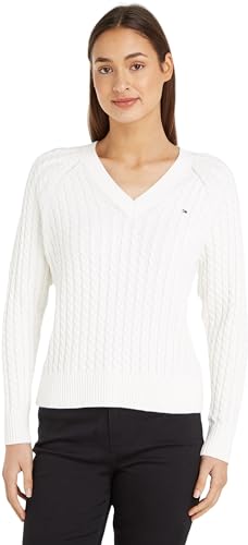 Tommy Hilfiger Damen Pullover Co Cable V-Neck Sweater Strickpullover, Weiß (Ecru), XL von Tommy Hilfiger