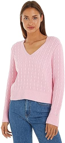 Tommy Hilfiger Damen Pullover V-Neck Sweater Strickpullover, Rosa (Iconic Pink), L von Tommy Hilfiger