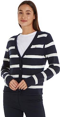 Tommy Hilfiger Damen Strickjacke Cardigan Soft Wool V-Neck mit Knopfleiste, Mehrfarbig (Breton Stp/ Desert Sky/ Ecru), XXL von Tommy Hilfiger