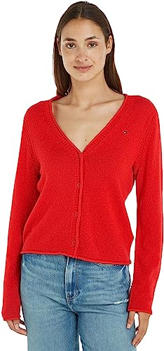 Tommy Hilfiger Damen Strickjacke Cardigan Soft Wool V-Neck mit Knopfleiste, Rot (Fireworks), XXL von Tommy Hilfiger