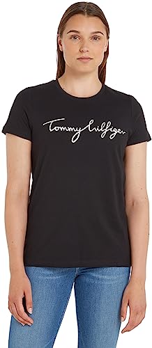 Tommy Hilfiger Damen T-Shirt Kurzarm Heritage Rundhalsausschnitt, Schwarz (Masters Black), L von Tommy Hilfiger