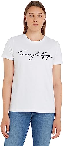 Tommy Hilfiger Damen T-Shirt Kurzarm Heritage Rundhalsausschnitt, Weiß (Classic White), XS von Tommy Hilfiger