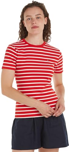 Tommy Hilfiger Damen T-Shirt Kurzarm New Slim Cody Rundhalsausschnitt, Mehrfarbig (Breton Fierce Red/Ecru), XL von Tommy Hilfiger