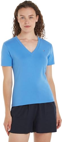 Tommy Hilfiger Damen T-Shirt Kurzarm New Slim Cody V-Neck V-Ausschnitt, Blau (Blue Spell), L von Tommy Hilfiger