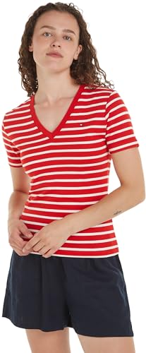 Tommy Hilfiger Damen T-Shirt Kurzarm New Slim Cody V-Neck V-Ausschnitt, Mehrfarbig (Breton Fierce Red/Ecru), S von Tommy Hilfiger
