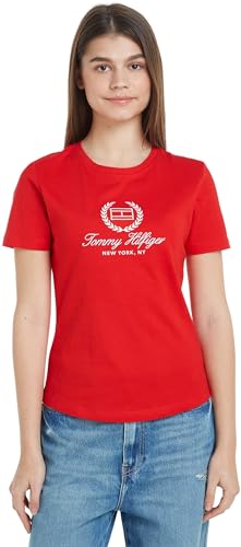 Tommy Hilfiger Damen T-Shirt Kurzarm Slim Flag Tee Rundhalsausschnitt, Rot (Fierce Red), L von Tommy Hilfiger