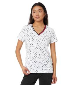 Tommy Hilfiger Damen-T-Shirt mit V-Ausschnitt, Bright White/Sky Captain, Mittel von Tommy Hilfiger