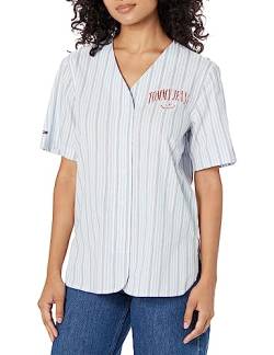 Tommy Hilfiger Gewebtes Baseball-Shirt für Damen, mit Knopfleiste, Kapitän des Himmels (Sky Captain), X-Groß von Tommy Hilfiger