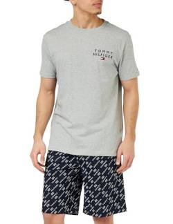 Tommy Hilfiger Herren Pyjama-Set Drawstring Kurz, Mehrfarbig (Grey Ht / Th Diagonal Logo Flag), M von Tommy Hilfiger