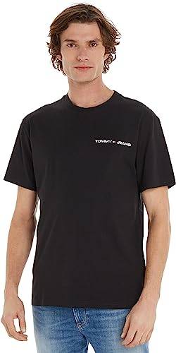Tommy Jeans Herren T-Shirt Kurzarm Linear Chest Rundhalsausschnitt, Schwarz (Black), S von Tommy Hilfiger