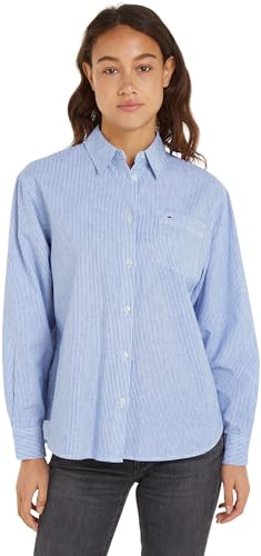 Tommy Jeans Damen Bluse Stripe Linen Shirt Hemdbluse, Blau (Empire Blue / Stripe), L von Tommy Jeans