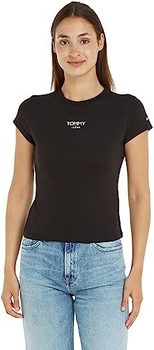 Tommy Jeans Damen T-Shirt Kurzarm Essential Logo Rundhalsausschnitt, Schwarz (Black), XL von Tommy Jeans