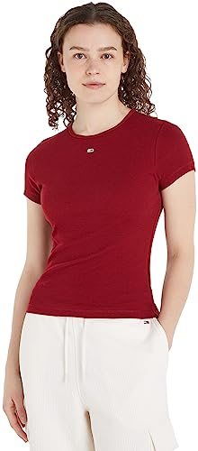Tommy Jeans Damen T-Shirt Kurzarm Essential Rib Rundhalsausschnitt, Rot (Rouge), XL von Tommy Jeans