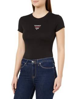 Tommy Jeans Damen T-Shirt Kurzarm Slim Essential Logo Rundhalsausschnitt, Schwarz (Black), XS von Tommy Jeans