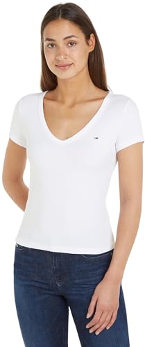 Tommy Jeans Damen T-Shirt Kurzarm Slim Rib V-Ausschnitt, Weiß (White), XS von Tommy Jeans