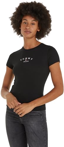 Tommy Jeans Damen T-Shirt Kurzarm Slim Rundhalsausschnitt, Schwarz (Black), L von Tommy Jeans