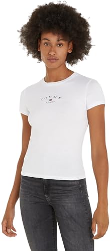 Tommy Jeans Damen T-Shirt Kurzarm Slim Rundhalsausschnitt, Weiß (White), L von Tommy Jeans
