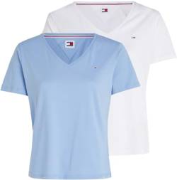 Tommy Jeans Damen T-Shirt Kurzarm Slim V-Ausschnitt, Mehrfarbig (White / Blue), XS von Tommy Jeans