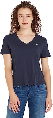 Tommy Jeans Damen T-Shirt Kurzarm TJW Slim Soft V-Ausschnitt, Blau (Twilight Navy), L von Tommy Jeans