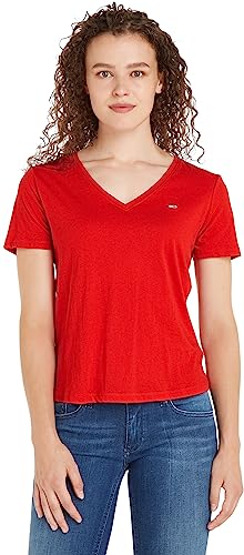 Tommy Jeans Damen T-Shirt Kurzarm TJW Slim Soft V-Ausschnitt, Rot (Deep Crimson), L von Tommy Jeans