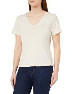 Tommy Jeans Damen T-Shirt Kurzarm Tjw Slim Soft V Neck Tee V-Ausschnitt, Elfenbein (Newsprint), L von Tommy Jeans