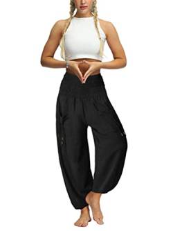 Tomwell Dame Hippie Hose Haremshose Pumphose Pluderhose mit Taschen Yogahosen Gesmockte Taille Sommerhose Strandhose Pilates Freizeithose für Sport Jogging Dance Schwarz XL von Tomwell