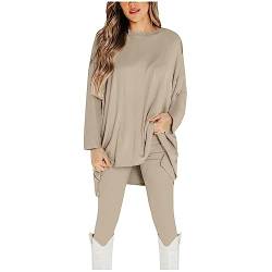 Tomwell Damen 2 Stücke Set Herbst Einfarbige Casual Oversized Rundhalsausschnitt Langarm Top+Slim Fit Hose Sport Set Outfit Freizeitanzug Fitnessanzug A Khaki L von Tomwell