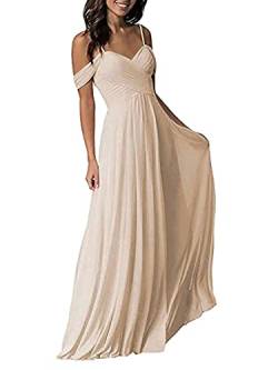 Tomwell Damen Abendkleid Ärmellos Elegante Brautjungfernkleid Mode Einfarbig Wickelkleid V-Ausschnitt Rückenfrei Partykleid Schulterfrei Bodenlang Cocktailkleid A Beige M von Tomwell