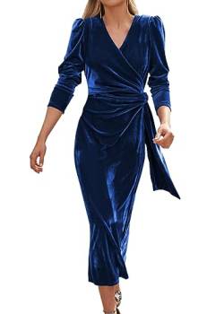 Tomwell Damen Abendkleid Winterkleid Langarm Festlich Kleid Damen Elegant Bodycon Weihnachtskleid V-Ausschnitt Sexy Langes Partykleid Samtkleid A Blau S von Tomwell