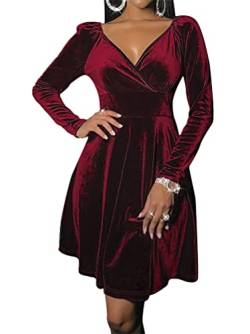 Tomwell Damen Abendkleid Winterkleid Langarm Festlich Kleid Damen Elegant Kurz Weihnachtskleid V-Ausschnitt Sexy Partykleid Samtkleid Rot XL von Tomwell