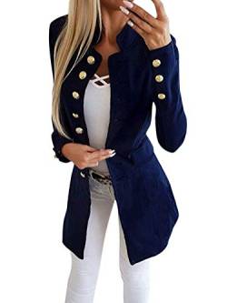 Tomwell Damen Blazer Elegant Mantel mit Knopfleiste Military Coat Lang Blazer Slim Fit Blazer Freizeit Stehkragen Business Büro Anzug Jacken A Blau 40 von Tomwell