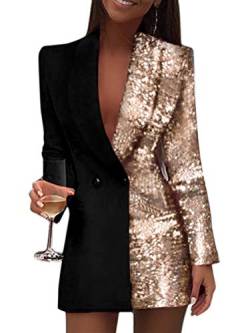 Tomwell Damen Blazer Kleid Frauen Elegant Langarm V-Ausschnitt Hemdkleid Business Lange Knopf Anzug Spleißen Glitzer Minikleider Z Gold 40 von Tomwell