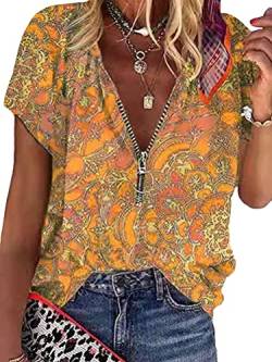 Tomwell Damen Blusen Tuniken Elegant V-Ausschnitt Blumen Retro Sommer Oberteile mit Reißverschluss Frauen Locker Vintage Lustig Kurzarm T-Shirt Lose Shirt Hemd Tops von Tomwell