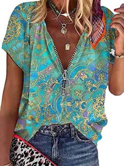 Tomwell Damen Blusen Tuniken Elegant V-Ausschnitt Blumen Retro Sommer Oberteile mit Reißverschluss Frauen Locker Vintage Lustig Kurzarm T-Shirt Lose Shirt Hemd Tops von Tomwell