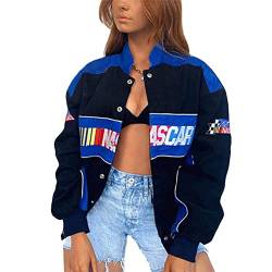Tomwell Damen Bomberjacke College Oversized Patchwork Bedruckte Jacke 90S Vintage Racing Jacke Sweat Jacket Baseball Mantel (L, D Blauschwarz) von Tomwell