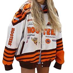 Tomwell Damen Bomberjacke College Oversized Patchwork Bedruckte Jacke 90S Vintage Racing Jacke Sweat Jacket Baseball Mantel H Weißorange XL von Tomwell