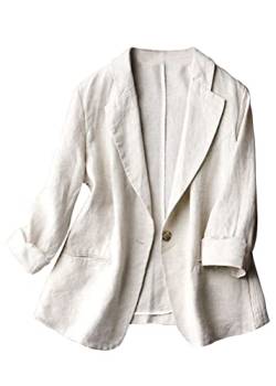 Tomwell Damen Cardigan Elegant Leinen Blazer Langärmliger Anzugjacke mit Knöpfen Einfarbig Blazer Revers Freizeit Mantel Slim Fit Anzüge Jacke Anzug Trenchcoat mit Tasche A Beige XL von Tomwell