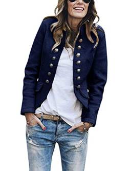 Tomwell Damen Casual Blazer Elegant Anzugjacke Mantel mit Knopfleiste Military Blazer Lang Blazer Slim Fit Blazer Freizeit Stehkragen Business Büro Anzug Jacken Dunkelblau 40 von Tomwell