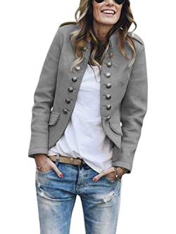 Tomwell Damen Casual Blazer Elegant Anzugjacke Mantel mit Knopfleiste Military Blazer Lang Blazer Slim Fit Blazer Freizeit Stehkragen Business Büro Anzug Jacken Grau 44 von Tomwell