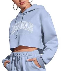 Tomwell Damen Crop Hoodie Teenager Mädchen Bauchfrei Kapuzenpullover Langarm Kurz Hoodie Sweatshirt Crop Pullover Tops Kapuzenpulli mit Kordel und Taschen B Hellblau XS von Tomwell