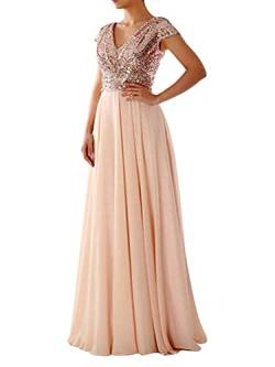 Tomwell Damen Elegant A-Linie V-Ausschnitt Abendkleid Paillettenkleid Partykleid Sexy Kurzarm Cocktailkleid Brautjungfer Hochzeit Glitzer Maxikleid Ballkleid Langes B Beige 34 von Tomwell