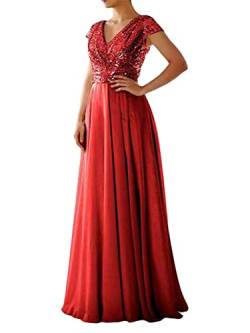 Tomwell Damen Elegant A-Linie V-Ausschnitt Abendkleid Paillettenkleid Partykleid Sexy Kurzarm Cocktailkleid Brautjungfer Hochzeit Glitzer Maxikleid Ballkleid Langes B Rot 46 von Tomwell