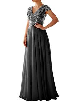 Tomwell Damen Elegant A-Linie V-Ausschnitt Abendkleid Paillettenkleid Partykleid Sexy Kurzarm Cocktailkleid Brautjungfer Hochzeit Glitzer Maxikleid Ballkleid Langes B Schwarz 48 von Tomwell