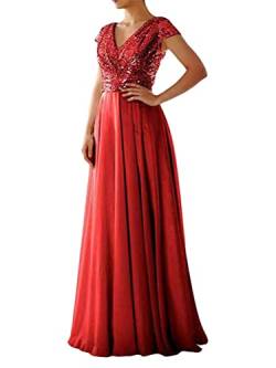 Tomwell Damen Elegant A-Linie V-Ausschnitt Chiffon Abendkleid Ballkleid Brautjungfernkleid Maxilang B Rot 42 von Tomwell