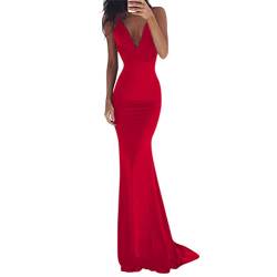 Tomwell Damen Elegantes Langarm Bodycon Kleid Mode Einfarbig V-Ausschnitt Fischschwanz Langes Kleid Rot XL von Tomwell