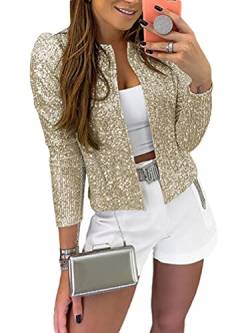 Tomwell Damen Glänzend Pailletten Jacke Cardigan Langarm Bolero Tops Kurz Oberteile Eleganter Blazer Glitzer Party Outfits Clubwear Champagner L von Tomwell