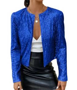 Tomwell Damen Glänzend Pailletten Jacke Cardigan Langarm Lässige Tops Kurz Oberteile Eleganter Blazer Glitzer Party Stehkragen Business Anzugjacke Clubwear A Blau 3XL von Tomwell