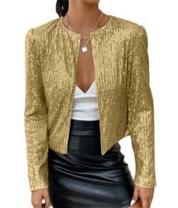 Tomwell Damen Glänzend Pailletten Jacke Cardigan Langarm Lässige Tops Kurz Oberteile Eleganter Blazer Glitzer Party Stehkragen Business Anzugjacke Clubwear A Gold S von Tomwell