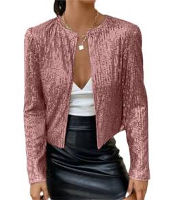 Tomwell Damen Glänzend Pailletten Jacke Cardigan Langarm Lässige Tops Kurz Oberteile Eleganter Blazer Glitzer Party Stehkragen Business Anzugjacke Clubwear A Rosa XL von Tomwell